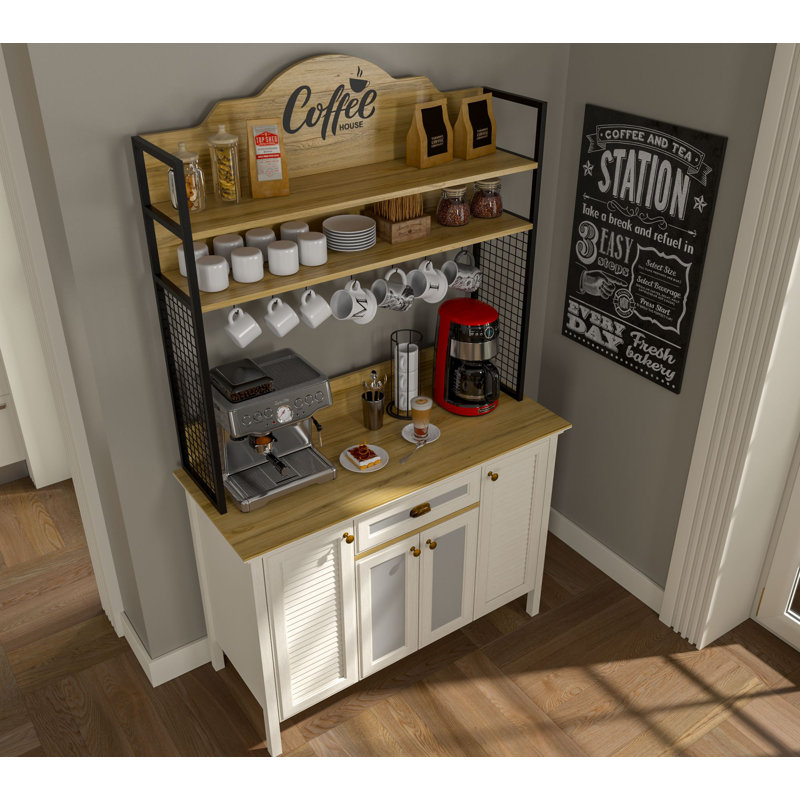 Armoire à café avec portes en MDF, tablettes et crochets à tasses - l 49 po x H 83 po x P 21 po - crème / chêne / noir