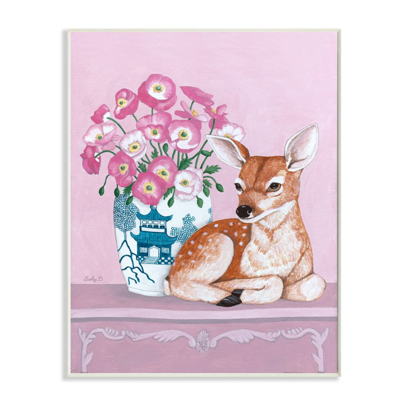 « fleur vase et cerf rose animal » par catherine b-reproduction d’art, H 15 po x l 10 po x P 0,5 po, Plaque murale