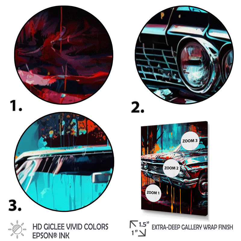 «Blue and Gold Expressions of Classic Cars», art mural rétro sur toile, L 12 po x H 20 po, Encadrement doré