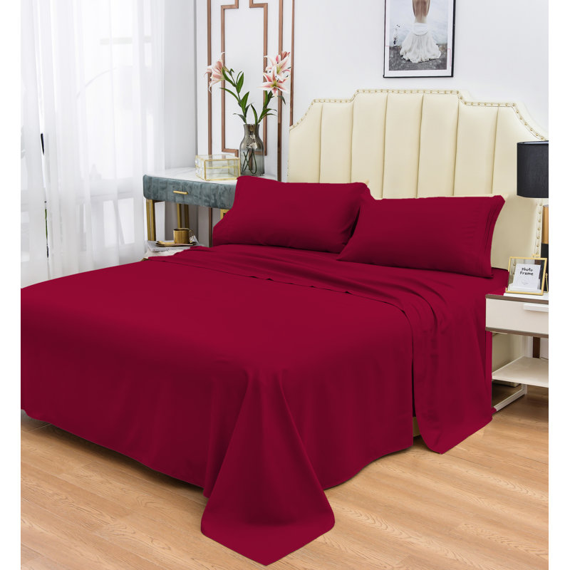  Ensemble de draps 1800 fils en rayonne de bambou, Rouge, Double