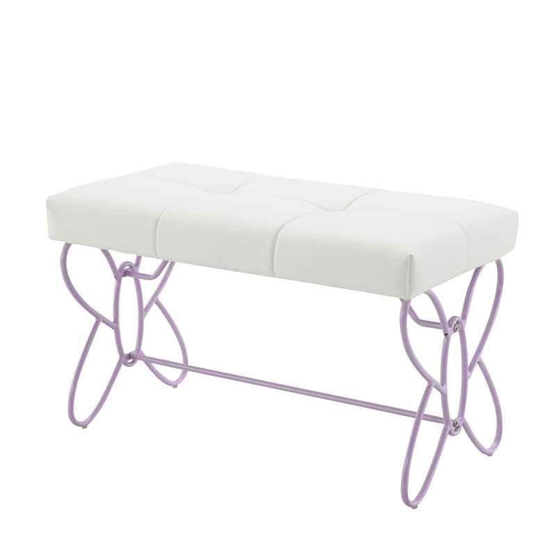 Élégant banc sans accoudoirs avec similicuir blanc - base en métal mauve, thème papillon pour un siège au design élégant, différents espaces polyvalents