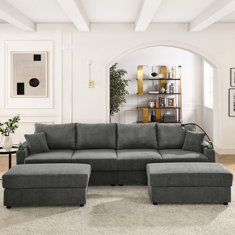 Canapé en U moderne en velours côtelé gris avec rangement, 4 sièges, 2 repose-pieds, porte-gobelets et porte-téléphone pour le salon 4 repose-pieds