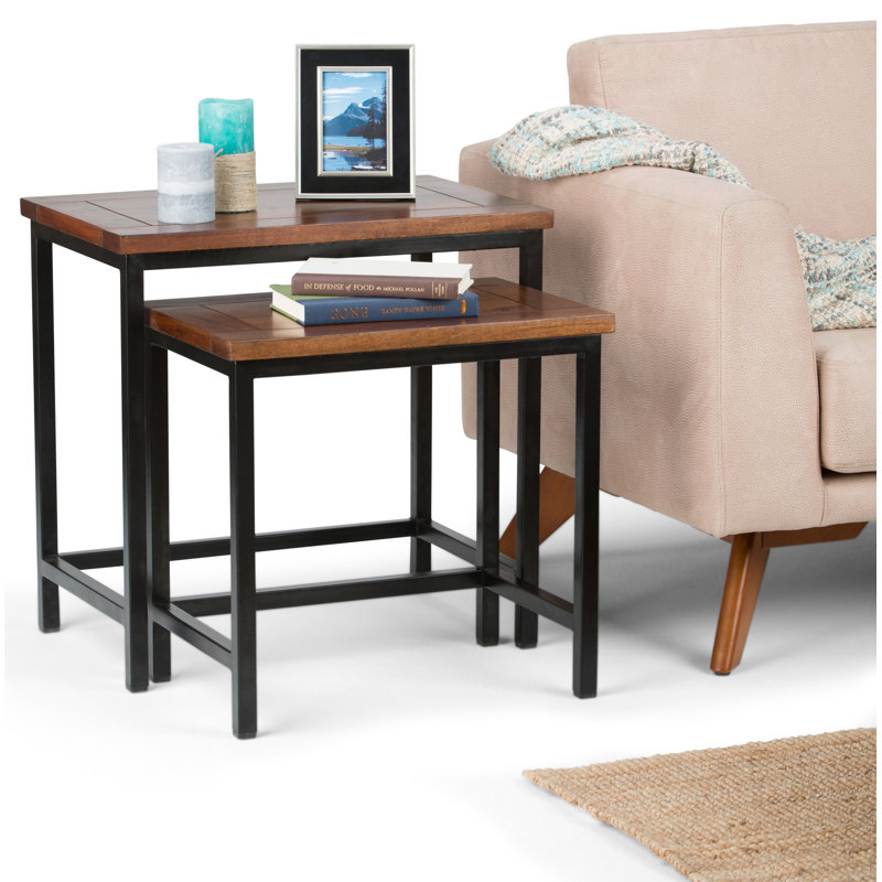 Skyler 2-Piece Solid Mango Wood Nesting Side Table Set with Metal Bases, Dark Cognac Brown