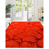Red Hand-Knotted Wool Fiery Mosaic Geometric Modern Contemporary Carpet Rug