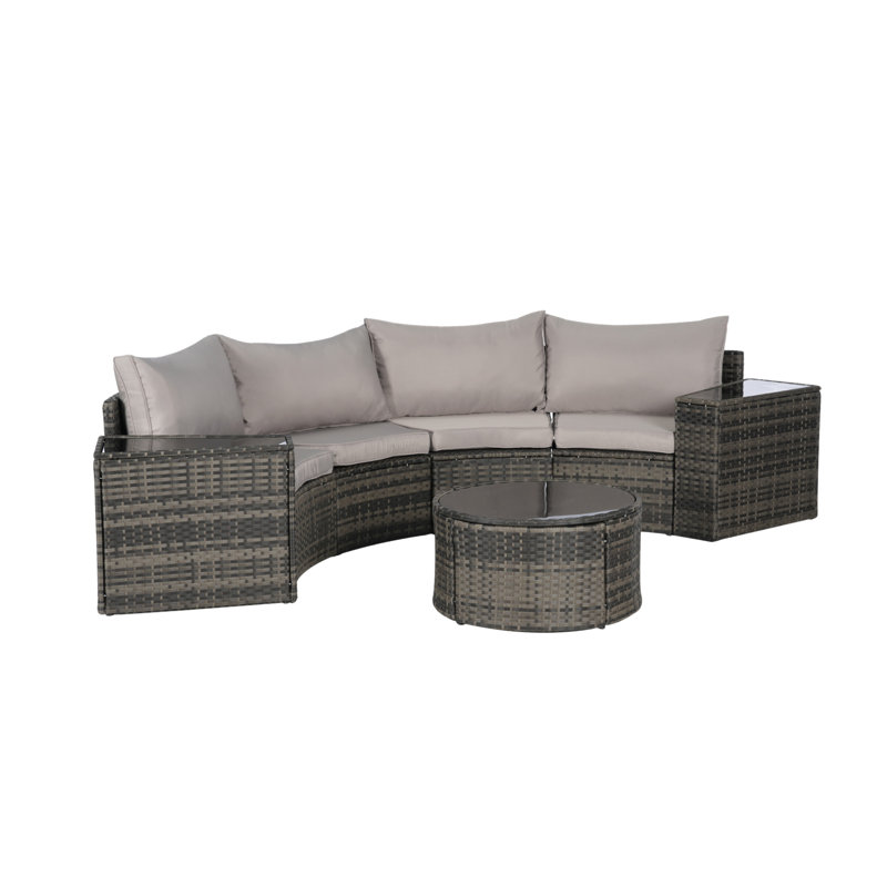 Ensemble de canapé modulaire d'extérieur demi-lune 7 pièces avec table basse ronde en verre trempé, Light Grey