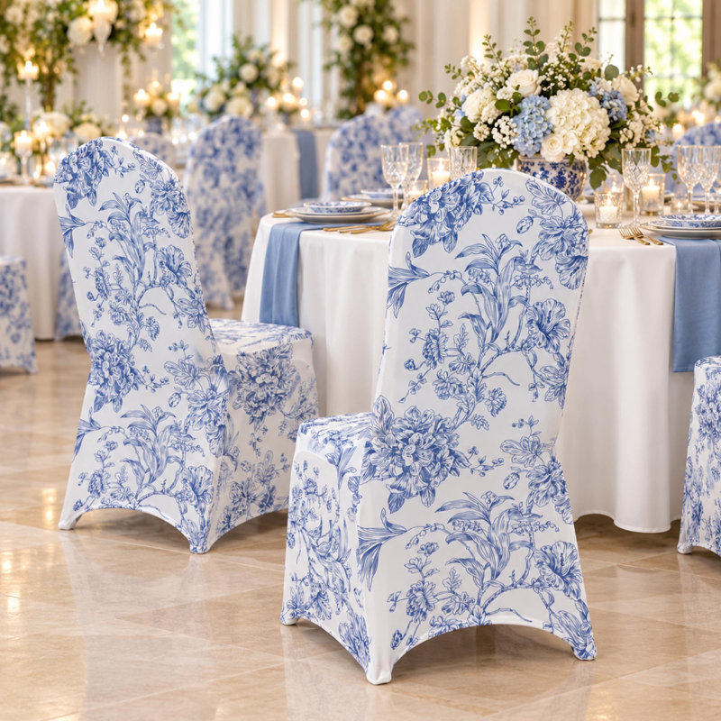 Lot de 10 housses de chaises de banquet en spandex à motif toile de Jouy blanche et bleue