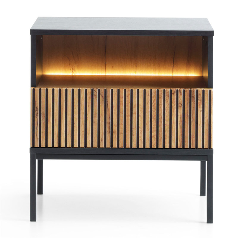 Cornellius Nightstand with Drawer and LED Lighting, 54 cm, Black/Wotan Oak