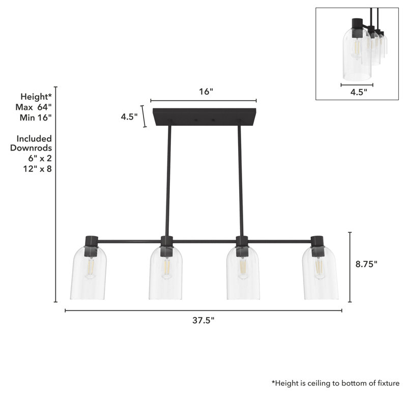 Luminaire suspendu cylindrique linéaire 4 lumières Lochemeade, Transparent, Bronze noble