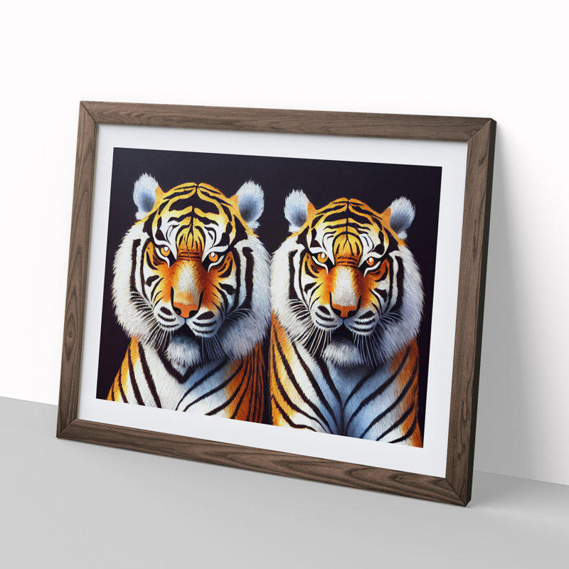 Symmetrical Tigers - Single Picture Frame Print, 25cm H x 34cm W, Walnut
