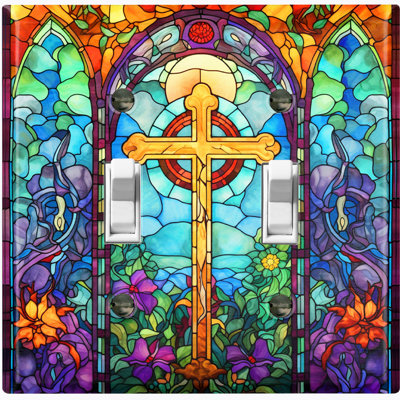 Metal Light Switch Plate Outlet Cover (Religious Cross Colorful Glass Tile Print - Double Toggle)