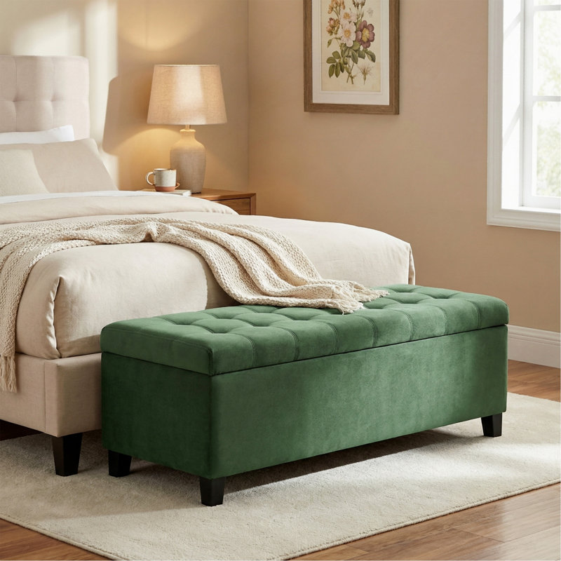 Banc de rangement rembourré, banc d'entrée, banc de bout de lit, repose-pieds pour chambre à coucher, vert rétro, 300 lb