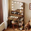 Coiffeuse en bois manufacturé avec miroir à DEL et tablettes de rangement -1624756677
