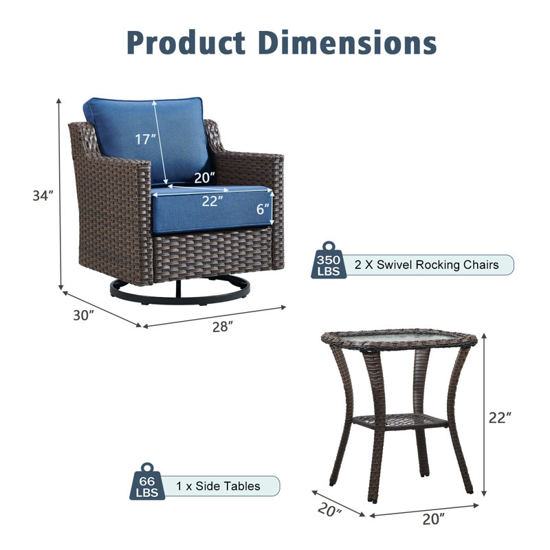 Outdoor Wicker Swivel Glide Chairs With Side Table – Set Of 3, Ergonomic Patio Seating With Plush Cushions & 360° Motion For Garden, Porch & Poolside
