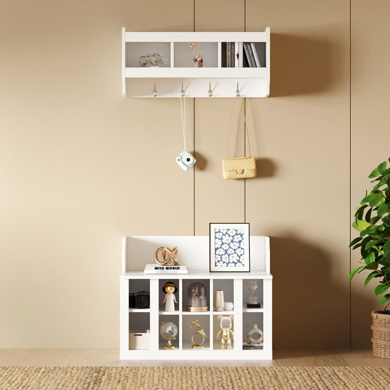 White Shoe Storage Bench With Hooks And Shelves, Hall Tree For Entryway, Adjustable Spacious Hallway, Foyer, Wall Mounted Cabinet 4 Coat Rack, Foyer