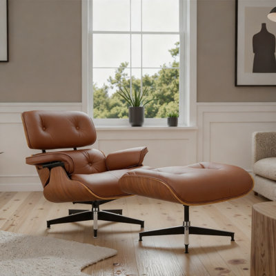 Top Grain Leather Swivel Accent Chair, Mid-century Wood Lounge Chair With Ottoman