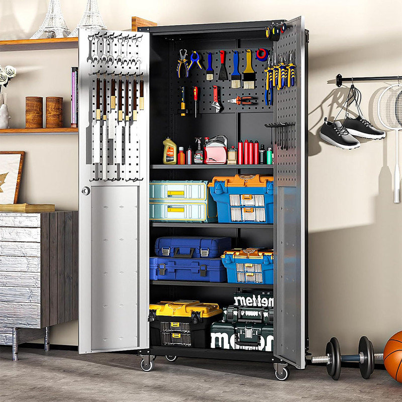 Garage Storage Cabint on Wheels with Locking Doors and 3 Adjustable Shelves, Tall Rolling Steel Cabinets for Garage Warehouse