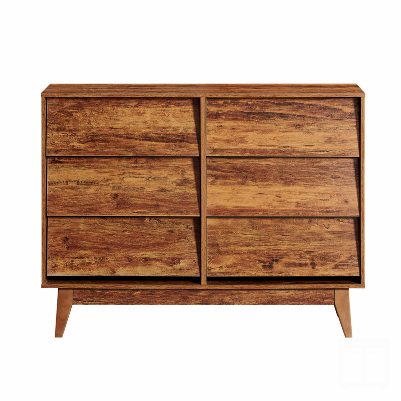 La commode double 6 tiroirs présente un design rétro et biseauté