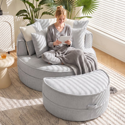 Canapé surdimensionné rond en chenille avec 5 coussins avec repose-pieds