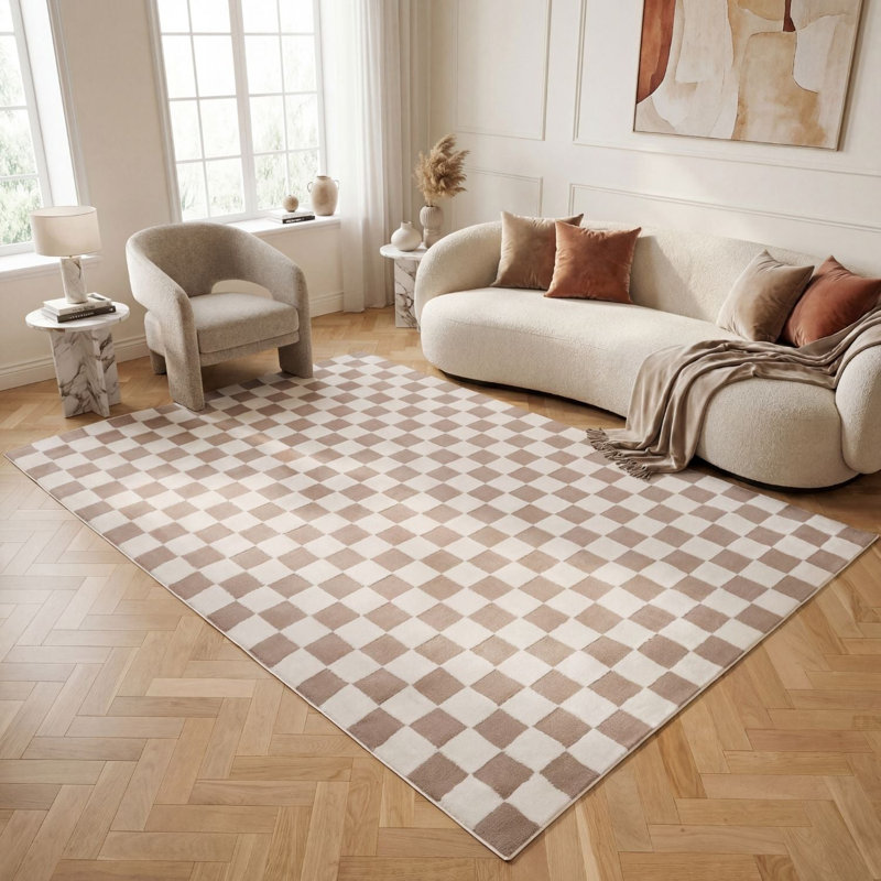 Loft Modern Checkerboard Living Room Area Rug and Runner Soft Pile, Rectangle 200 x 290 cm, Beige/Ivory