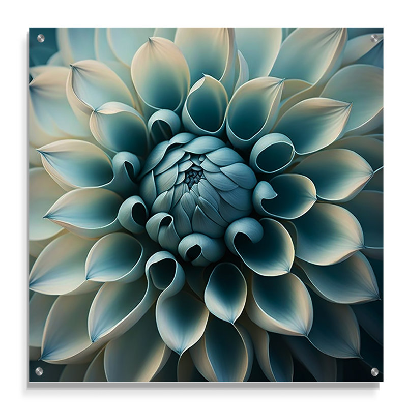 Bleu, blanc, fleurs de Dahlia I - art mural acrylique Dahlia, H 16 po x l 16 po