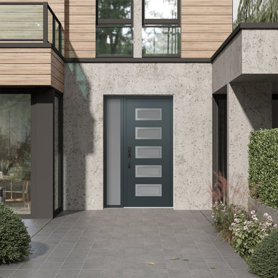 D1 Panneau droit en acier argenté anthracite et anthracite de 52 po x 80 po avec porte d'entrée avant pré-montée en verre givré Sidelite