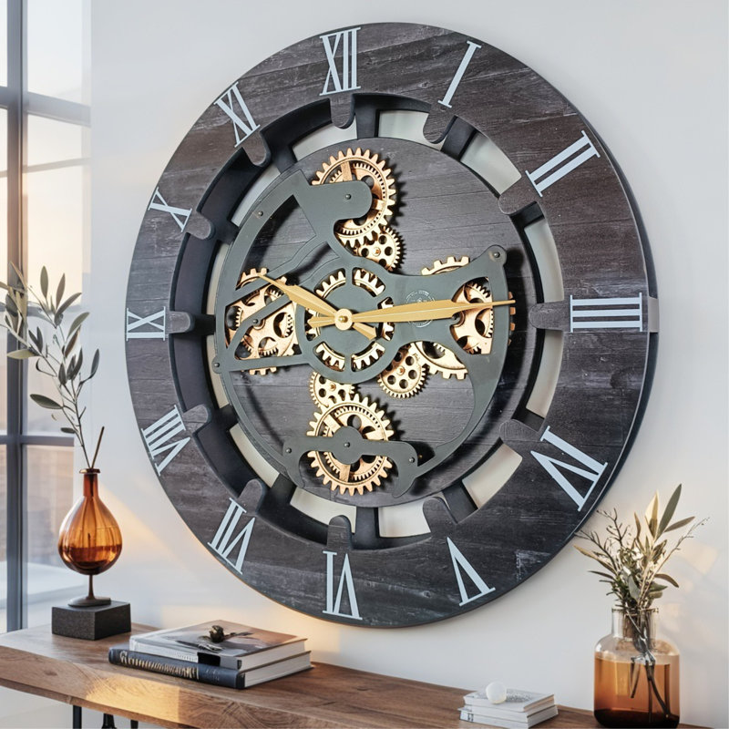 Horloge murale ronde surdimensionnée de 24 po pour le salon avec la collection Real Gear Gears Canada, Noir rétro
