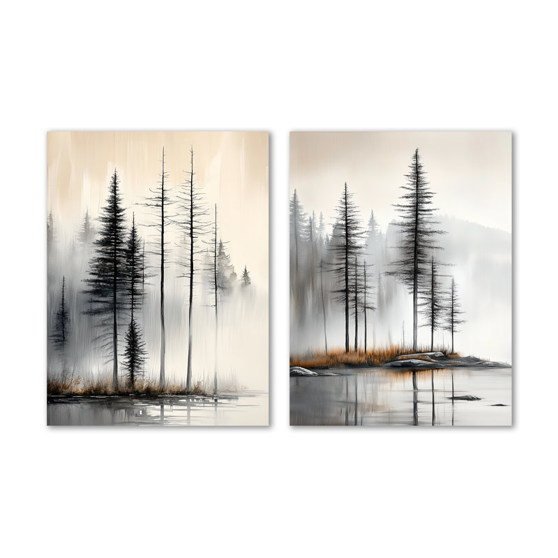 Pins d'été brumeux - Ensemble de 2 impressions encadrées de pins, 32" H x 48" W, Wrapped Canvas