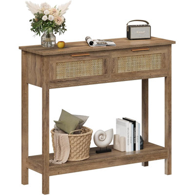 Farmhouse Rattan Console Table With 2 Drawers 2 Tier Boho Narrow Long Sofa Table Natural With Open Storage Shelf Wood Entryway Table For Living Room H