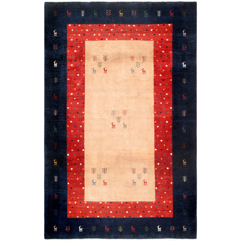 Tapis rouge / beige / bleu marine en laine noué à la main de conception unique à motif tribal 4 pi 4 po x 7 pi Tribal