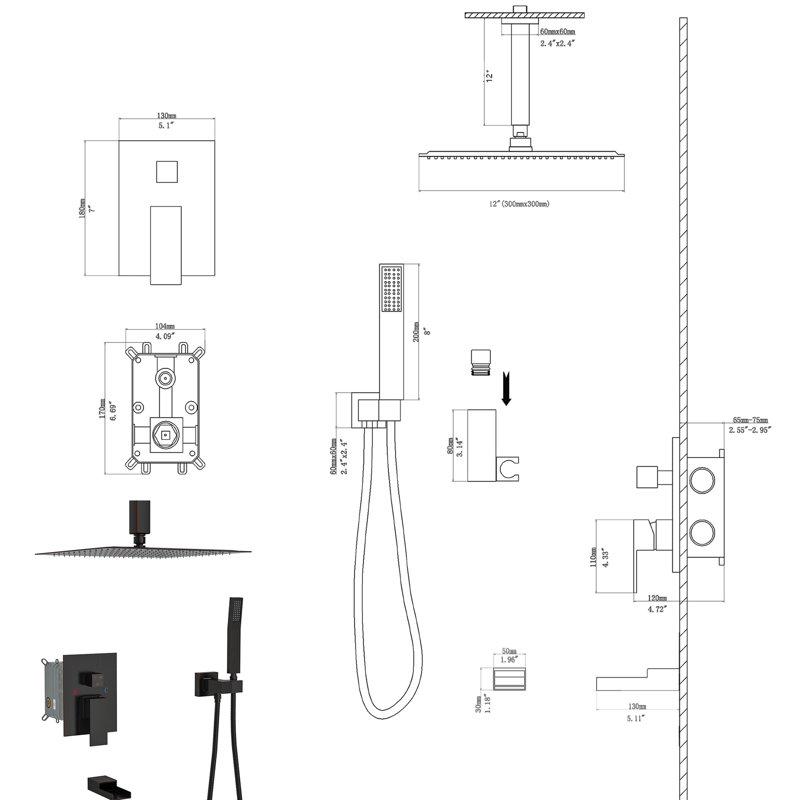 Oil Rubber Bronze Shower Compilation - 12 Inch Ceiling Mount Waterfall Tub Spout 3 Function Rainfall & Handheld Showers Valve Simple Installation Hygiene Pledge System In Oil-Rubbed With Easy Install