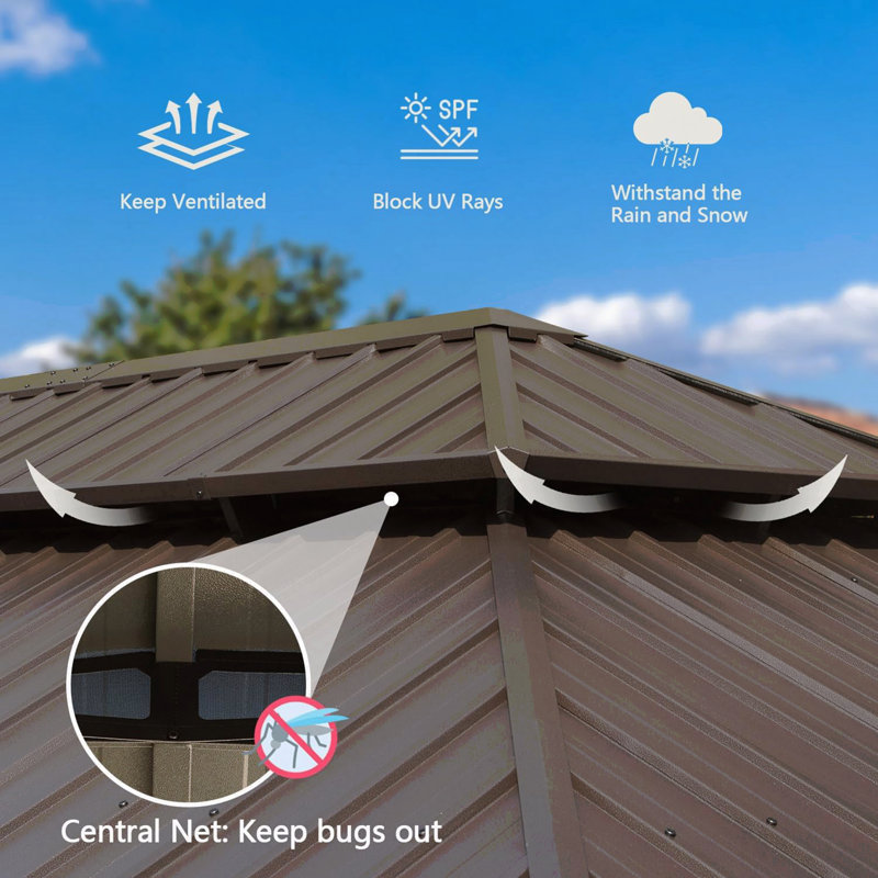 14X22FT Gazebo Aluminum, Mosquito Net For Outdoor Use With Galvanized Steel Double Roof & Gutter System (Wood-Looking), Brown