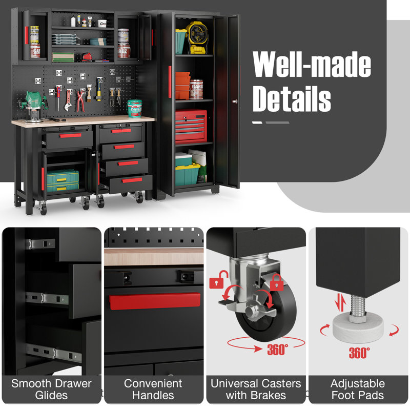WFX Utility™ 6pcs Garage Cabinets And Storage System Set With Pegboard & Rubber Wood Worktop