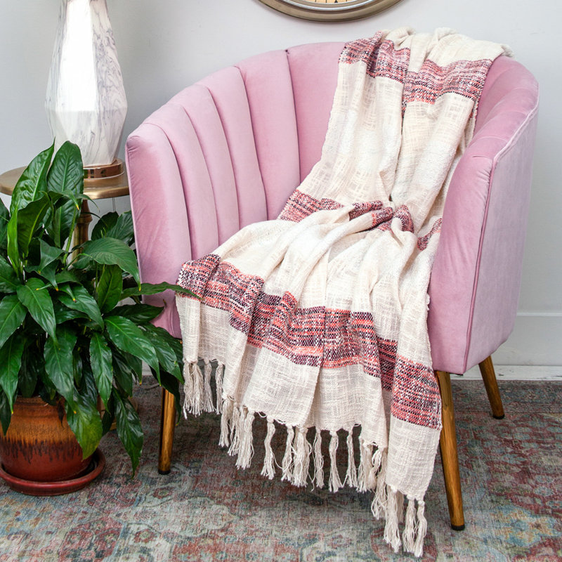 Jeté tissé à la main beige et rayures de bandes roses