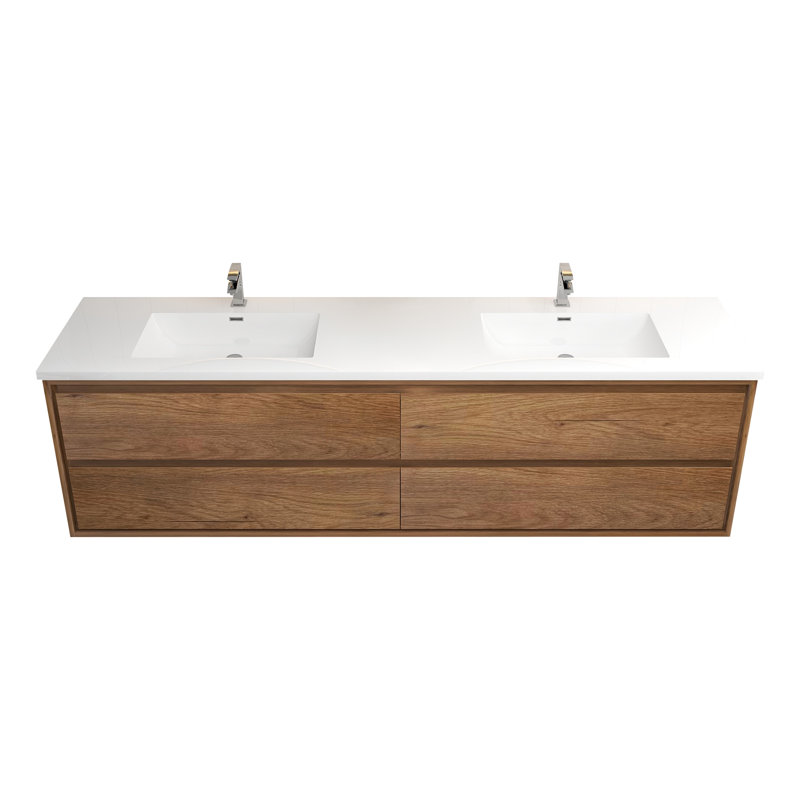 Meuble-lavabo mural double l 83 po x P 19,6 po x H 21,75 po Yacoubou, Teck chêne