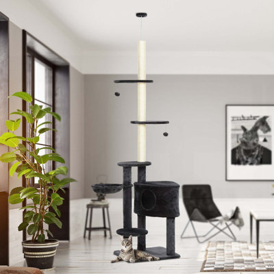 Adjustable Floor-to-Ceiling Cat Tree with Carpet Platforms, Condo, and Rope Scratching Areas, Dark Grey
