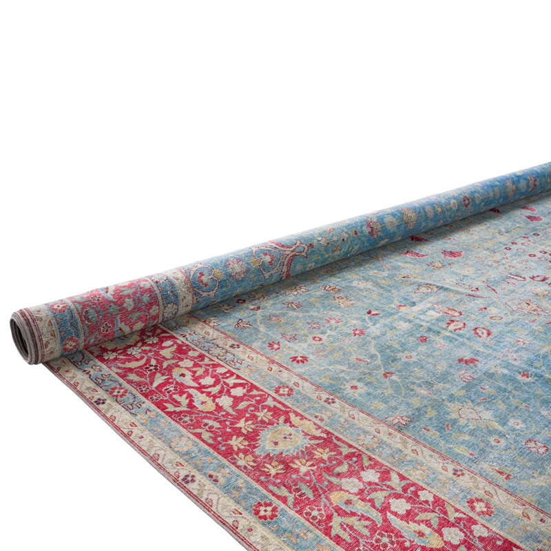 Tapis bleu Oushak turc rétro fait à la main 12 x 18