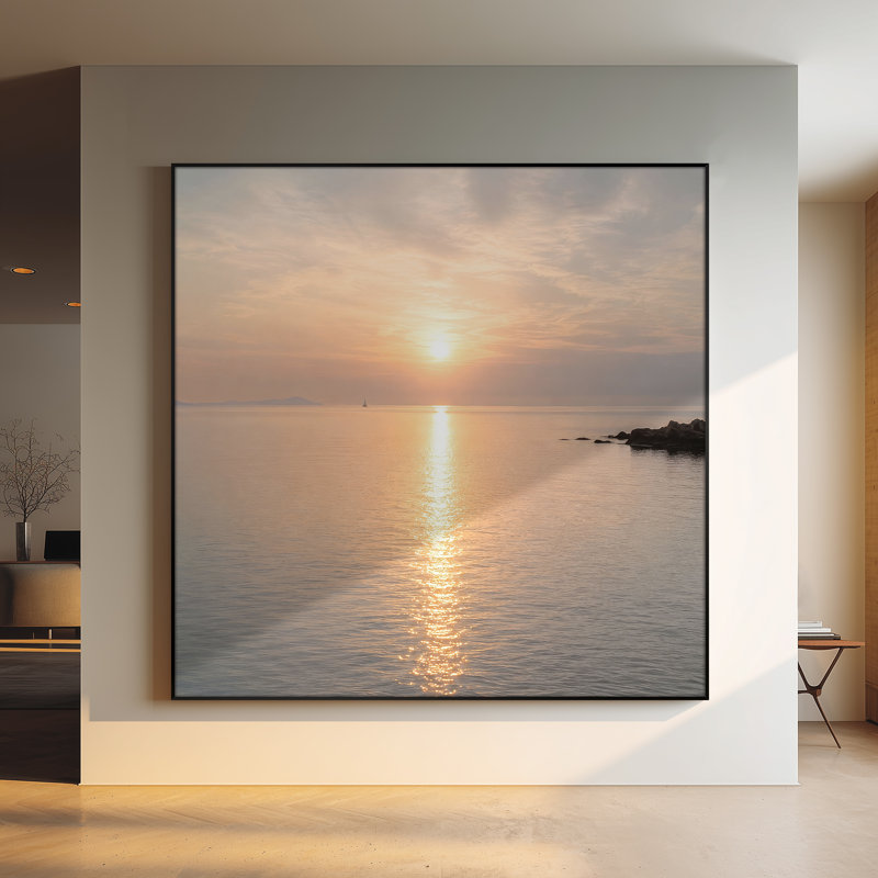 Très grand reproduction d'art sur tissu mural - Lever de soleil océan avec reflet doré pour le salon ou la chambre à coucher - «Assemblage requis du cadre (cadre non fini)»