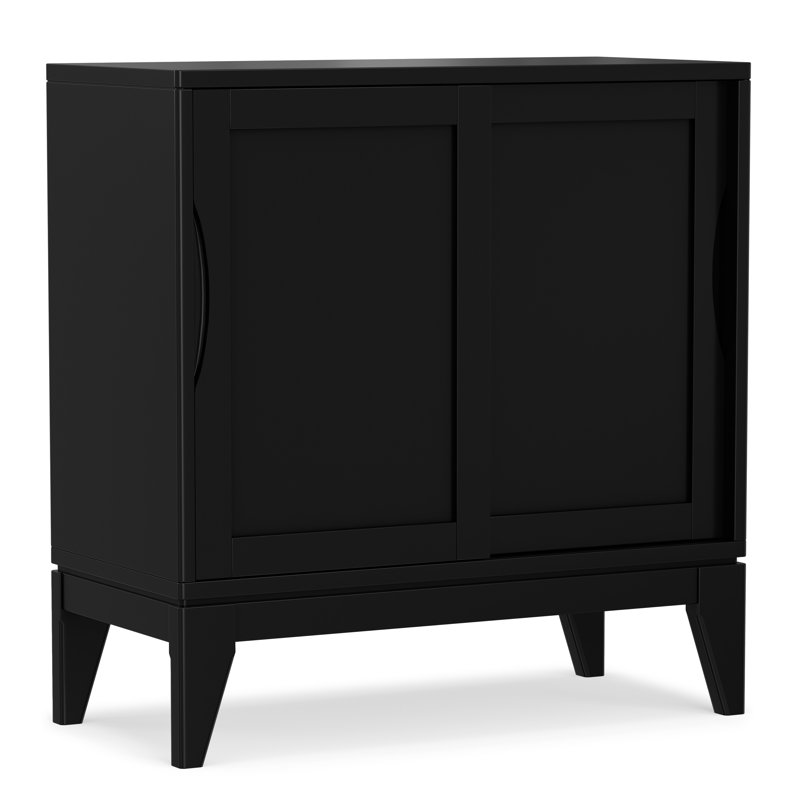 Sherwin 30"W Solid Hardwood Mid-Century Modern Low Storage Cabinet With Sliding Doors, Black