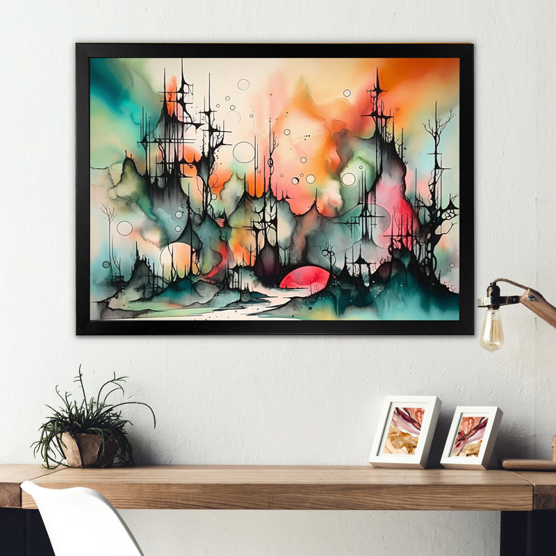 «Green and Orange Ethereal Terrains I», impression sur toile de paysage abstrait, Impression noire sur toile encadrée