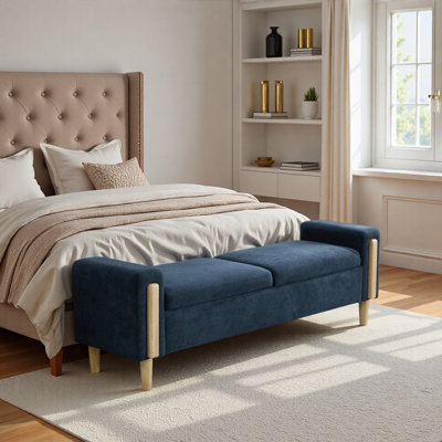 Banc de rangement moderne rembourré de 167 cm de large avec double couvercle, repose-pieds en tissu chenille avec accoudoirs, banquette-lit avec pieds en hévéa pour salon, entrée, dortoir, chambre