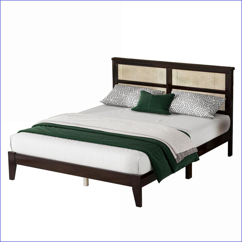 Grand lit plateforme en bois d'hévéa avec tête de lit en rotin PE - aucun sommier nécessaire, espresso pour la chambre à coucher