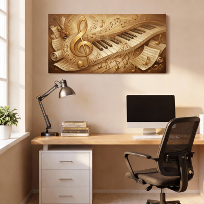 Ensemble de 1 tableau sur toile tendue représentant des notes de musique, un piano et un violon