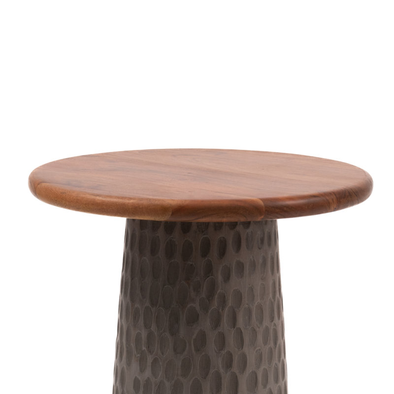 Hand-Carved Solid Wood Accent Round Top End Table, Gray