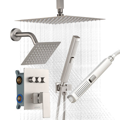 Shower Faucet Set, 10 Inch Ceiling Mount Rainfall Shower System With 6 Inch Wall Mount Head And 2 In 1 Handheld Spray, Rotatable 3-Function Dual Rain Head Brass Valve And Trim Kit, Brushed Nickel
