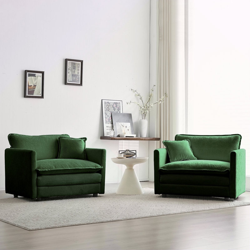 Ensemble de 2 chaises d'appoint, fauteuils rembourrés en chenille haut de gamme, chaises d'appoint de salon avec coussin décoratif, chenille verte