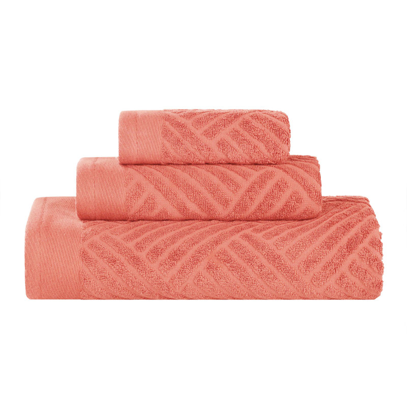 Ocilla Certified Egyptian Cotton Medium Weight Textured Soft Absorbent Jacquard 3 Piece Towel Set, Coral