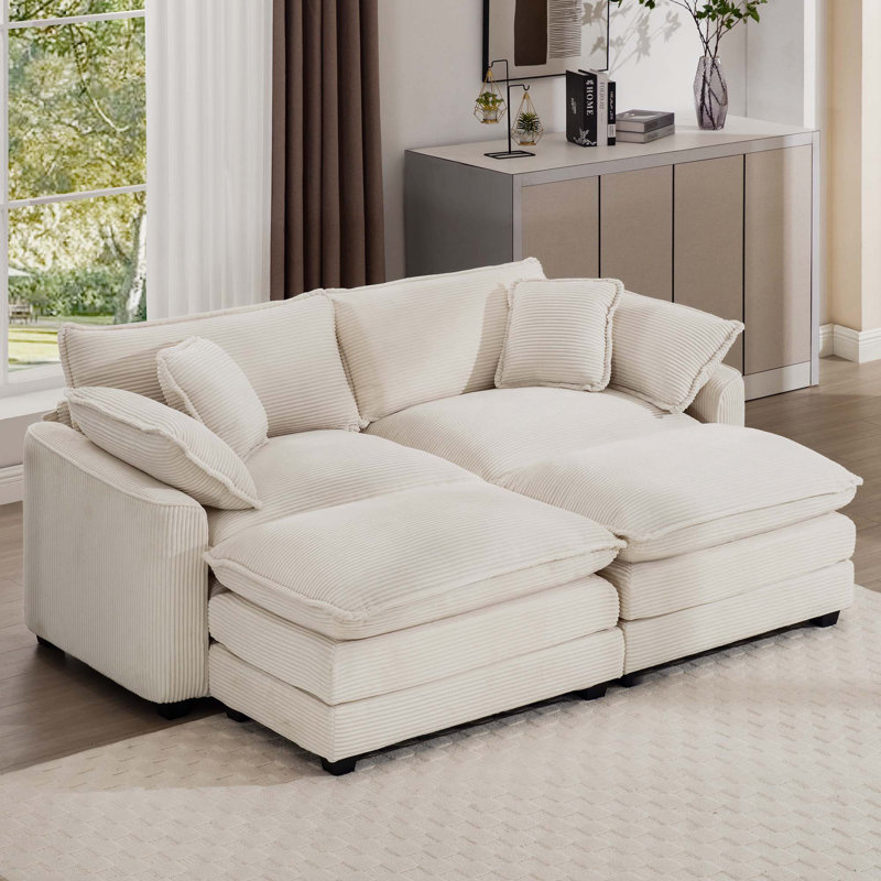 Canapé à deux places avec 2 repose-pieds et canapé à 2 places avec repose-pieds, Velours côtelé beige