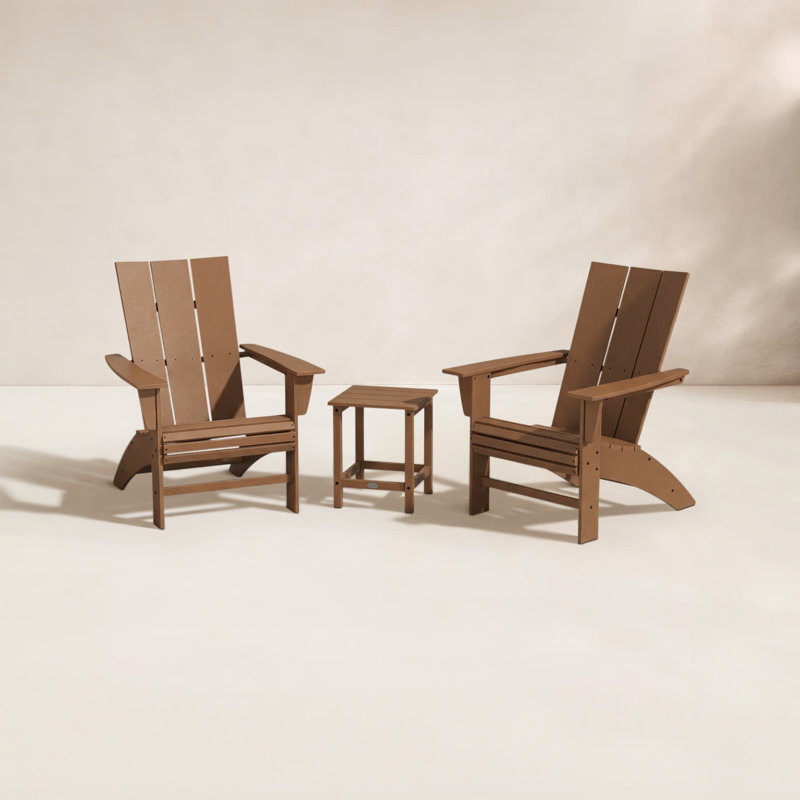 POLYWOOD 3-Piece Curveback Adirondack Set with 18" Side Table, Teak