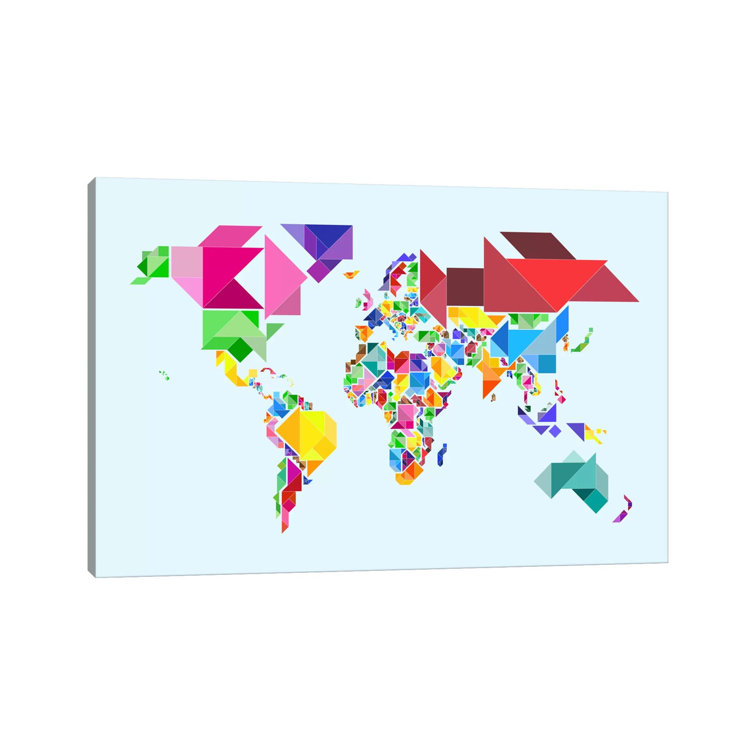 Tangram Abstract World Map by Michael Tompsett - Wrapped Canvas Print