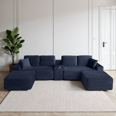 Canapé modulaire en velours côtelé 125 po avec 2 repose-pieds, canapé en forme de L, porte-gobelets, ports USB, modulaire 5 pièces
